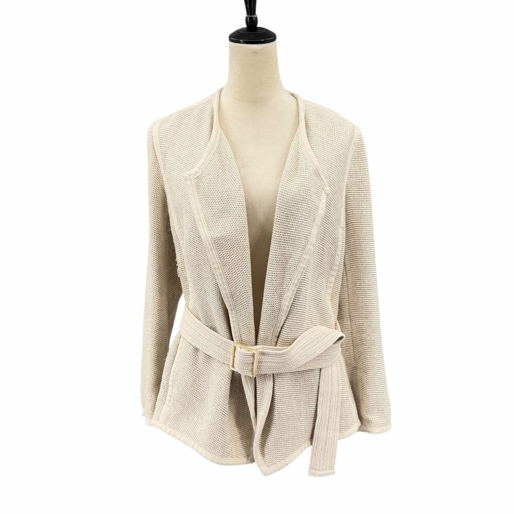 Vince Knit Belted Cotton Blend Cream Oatmeal Tweed Wrap Open Cardigan Jacket